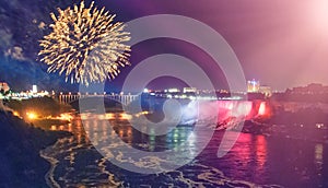 Majestic Niagara Falls at night, illuminated for a fireworks show, view from canadian side