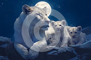 Majestic night scene White lions and cubs in the wilderness