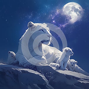 Majestic night scene White lions and cubs in the wilderness
