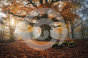 Majestic Oak Tree in Forest Clearing at Sunrise