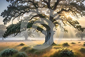 A Majestic Oak Tree Standing Alone in a Misty Meadow at Dawn, Sunlight Piercing Through the Dense Fog