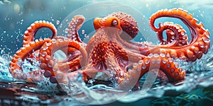 Majestic octopus emerging from the ocean's surface, showcasing marine biodiversity. World Ocean Day.