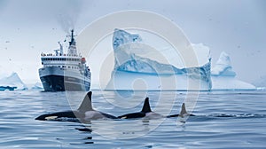 Majestic orca pod swimming near an ice floe with a cruise ship in the Antarctic