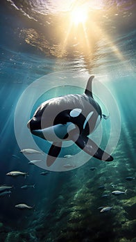 Majestic Orca whale swimming gracefully through the depths of the ocean, Ai-generated.