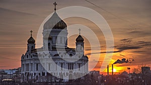 Majestic orthodox Cathedral of Christ Saviour with sunset Timelapse, Russia
