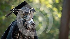 a majestic owl adorned in a graduation gown and mortarboard, exuding scholarly elegance and poise as it partakes in a