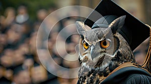 a majestic owl adorned in a graduation gown and mortarboard, exuding scholarly elegance and poise as it partakes in a