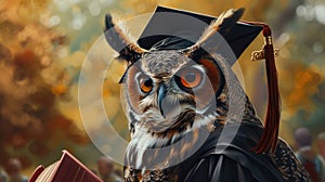 a majestic owl adorned in a graduation gown and mortarboard, exuding scholarly elegance and poise as it partakes in a