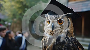 a majestic owl adorned in a graduation gown and mortarboard, exuding scholarly elegance and poise as it partakes in a