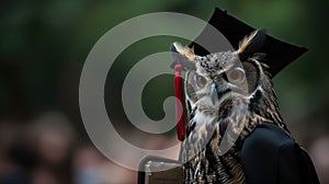 a majestic owl adorned in a graduation gown and mortarboard, exuding scholarly elegance and poise as it partakes in a