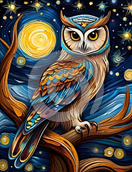 A majestic owl on a branch in a starry night with moon, glowing eyes, watchfull, celestial colors of the feathers, animal design