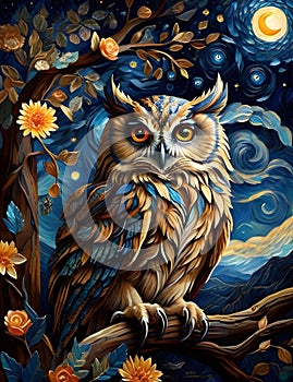 A majestic owl perched on a branch, glowing eyes and watchfull, vibrant hues of the night sky, moon, Van Gogh's starry night