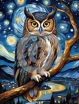 A majestic owl perched on a branch in a starry night with glowing eyes, watchfull, swirling stars, vibrant hues of the night sky