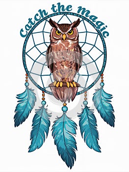 Majestic Owl Perched on Dreamcatcher with Catch the Magic Slogan Illustration