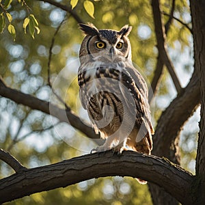Majestic Owl Perched on Willow Tree at Sunset