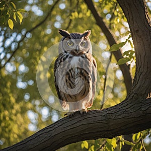 Majestic Owl Perched on Willow Tree at Sunset