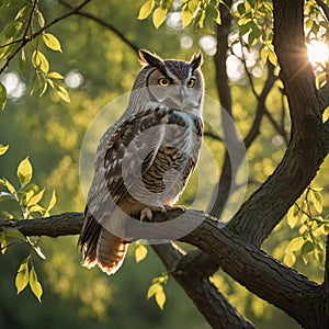 Majestic Owl Perched on Willow Tree at Sunset