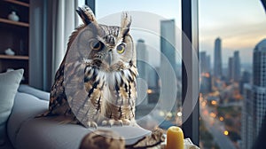 A majestic owl perches in a modern apartment