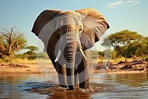 Majestic pachyderm, African elephant, gracefully hydrating at a waterhole.