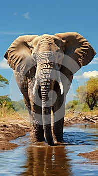 Majestic pachyderm, African elephant, gracefully hydrating at a waterhole.