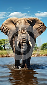 Majestic pachyderm, African elephant, gracefully hydrating at a waterhole.