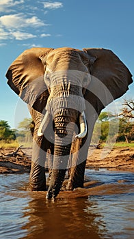 Majestic pachyderm, African elephant, gracefully hydrating at a waterhole.