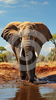 Majestic pachyderm, African elephant, gracefully hydrating at a waterhole.