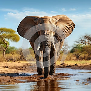 Majestic pachyderm, African elephant, gracefully hydrating at a waterhole. photo