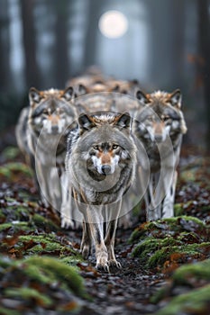 Majestic Pack of Gray Wolves Walking in Mystic Forest Under Full Moon Light