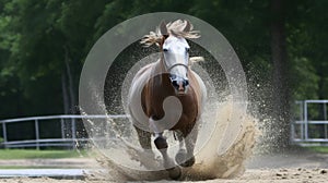 Majestic Palomino Horse Galloping in Sandy Arena Surrounded by Lush Trees