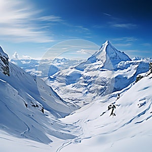 Majestic panorama Snowy mountain vista captured in expansive panoramic view