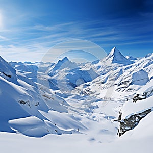 Majestic panorama Snowy mountain vista captured in expansive panoramic view