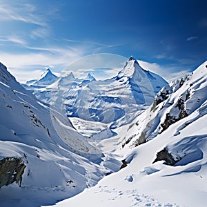 Majestic panorama Snowy mountain vista captured in expansive panoramic view