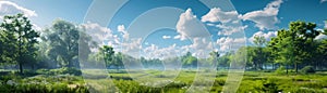 Majestic Panoramic View of a Tranquil Green Meadow with Lush Forest Under a Vibrant Blue Sky with Puffy Clouds