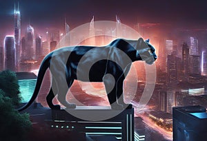 A majestic panther prowls through a futuristic cityscape
