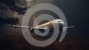 Majestic Passenger Plane Soaring Through Enchanting Foggy Forest