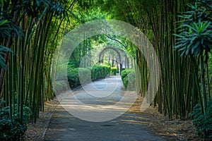 A Majestic Pathway Enclosed by Verdant Trees and Bushes, Park pathway surrounded by a lush bamboo tree alley, AI Generated