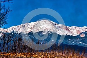 A Majestic and Peaceful Classic Image of Pikes Peak in Colorado America`s Mountain in Snow