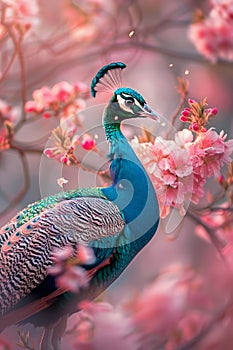 Majestic Peacock Displaying Its Brilliant Plumage Amongst Pink Blossoms in a Dreamy Fantasy Setting