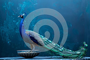 Majestic peacock displaying vibrant tail feathers in natural setting