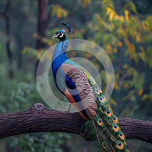 A majestic peacock poses elegantly on a tree branch