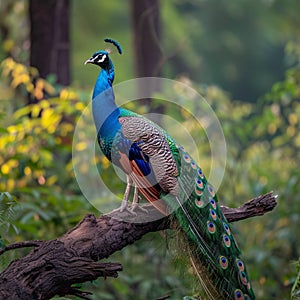 A majestic peacock poses elegantly on a tree branch