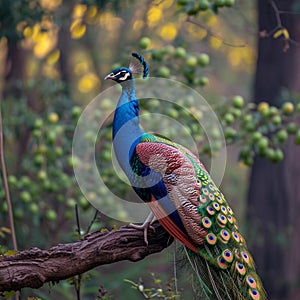 A majestic peacock poses elegantly on a tree branch