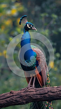 A majestic peacock poses elegantly on a tree branch