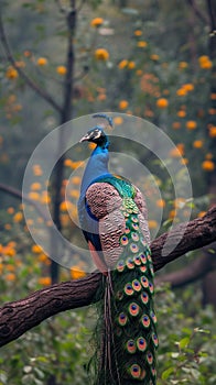 A majestic peacock poses elegantly on a tree branch