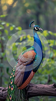 A majestic peacock poses elegantly on a tree branch