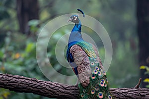 A majestic peacock poses elegantly on a tree branch