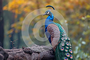 A majestic peacock poses elegantly on a tree branch