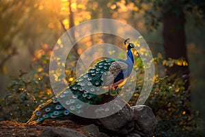 Majestic peacock stands proud in natural habitat . Generative AI
