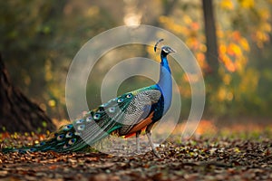 Majestic peacock stands proud in natural habitat . Generative AI